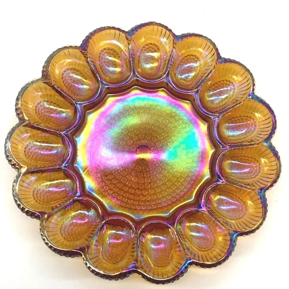 Indiana Glass Marigold Carnival Glass Deviled Egg Plate Relish Tray Hobnail 1213